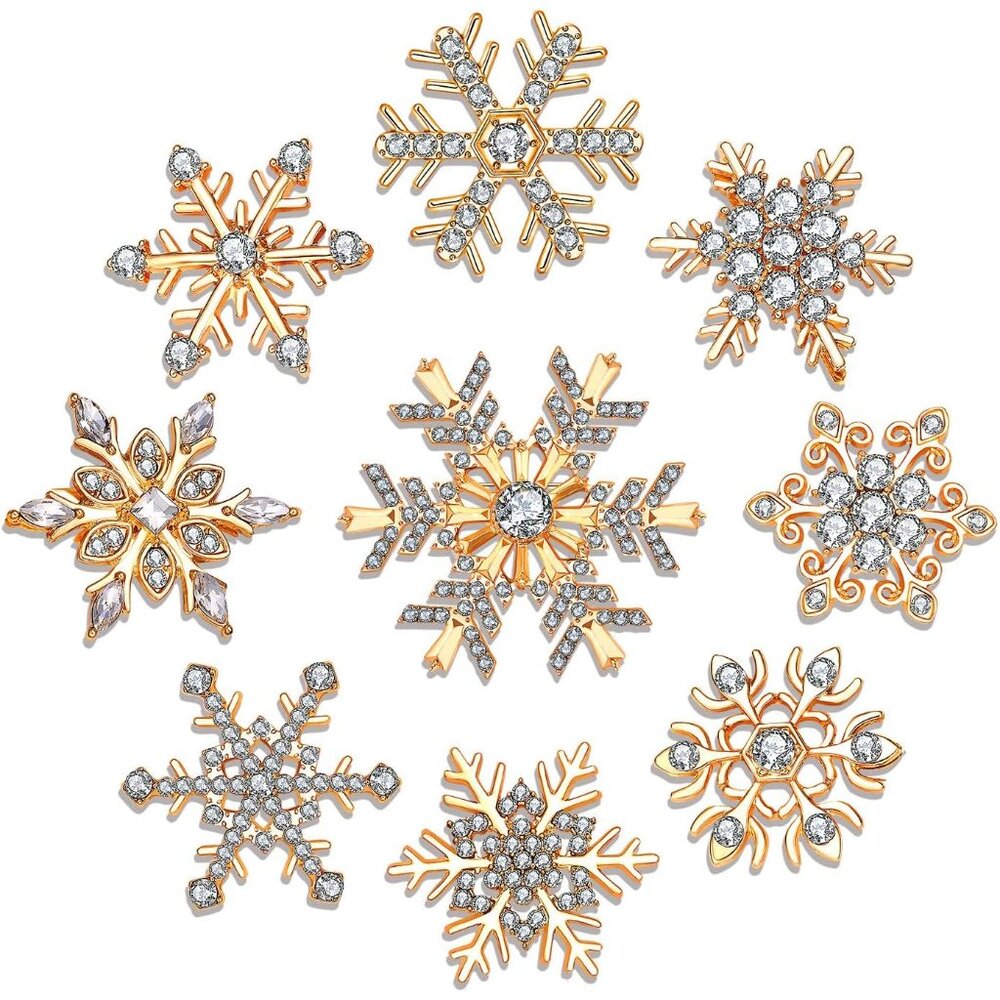 9pcs Christmas Snowflake Brooches Winter Holiday Rhinestone Snowflake Brooch Pin